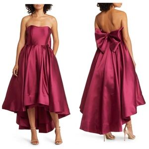 HUTCH Adaleigh Strapless High Low Satin Midi Dress Red Bow Sz 14 Burgundy Formal